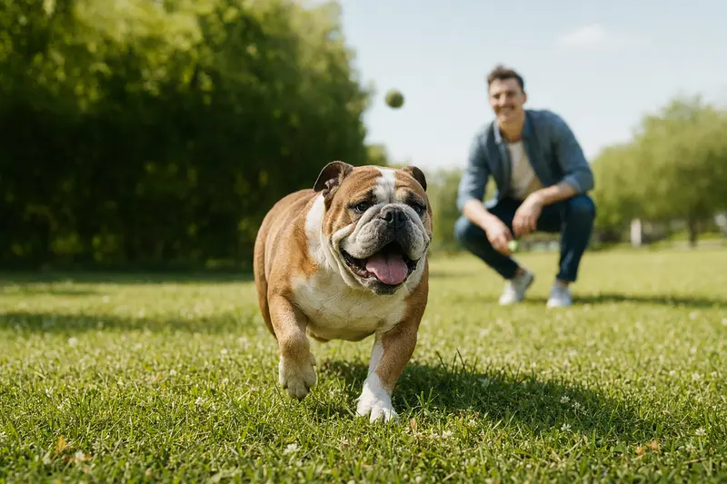 Ein vitaler Englische Bulldogge spielt fröhlich mit seinem Besitzer auf einer grünen Wiese an einem sonnigen Tag.