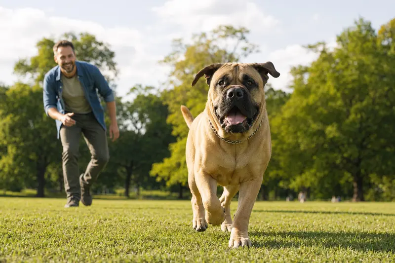 Ein vitaler Englischer Mastiff läuft fröhlich über eine grüne Wiese, während sein Besitzer im Hintergrund mit ihm spielt.