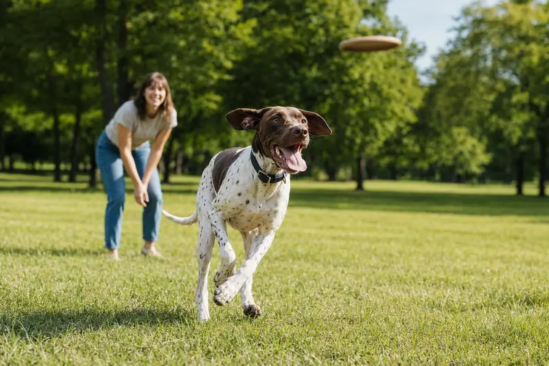 Ein vitaler Englischer Pointer Hund läuft fröhlich über eine grüne Wiese, während sein Besitzer im Hintergrund mit ihm spielt.