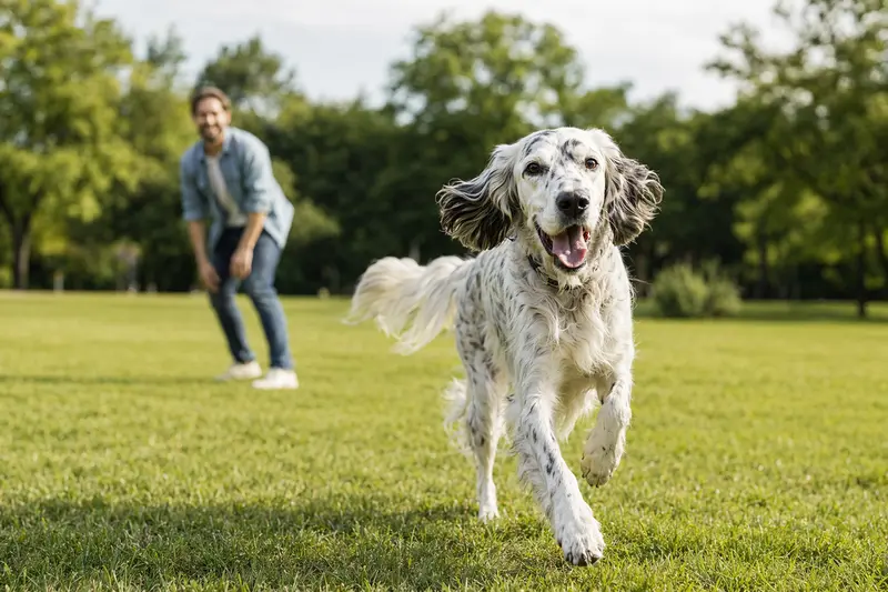 Ein fröhlicher English Setter läuft über eine grüne Wiese, während sein Besitzer im Hintergrund mit ihm spielt, an einem sonnigen Tag.