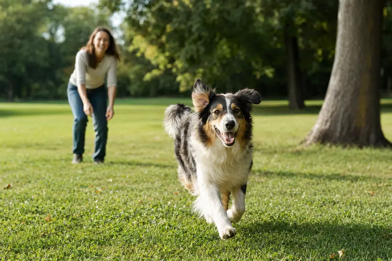 Ein fröhlicher English Shepherd Hund rennt über eine grüne Wiese, während sein Besitzer im Hintergrund spielt.