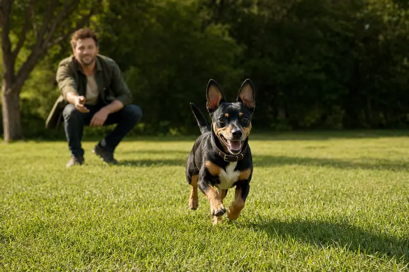 Ein fröhlicher English Toy Terrier läuft über eine grüne Wiese, während sein Besitzer im Hintergrund mit ihm spielt.