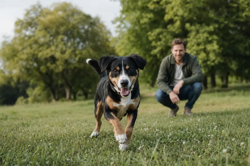Ein fröhlicher Entlebucher Sennenhund läuft über eine grüne Wiese, während sein Besitzer im Hintergrund spielt.