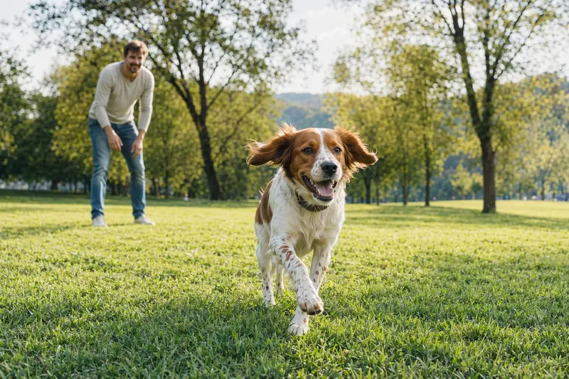 Ein fröhlicher Epagneul Breton Hund läuft über eine grüne Wiese, während sein Besitzer im Hintergrund spielt.