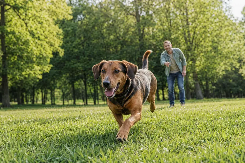 Ein Erdélyi kopó Hund läuft fröhlich über eine grüne Wiese, während sein Besitzer im Hintergrund spielt.