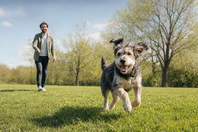 Ein fröhlicher Eurohound Hund läuft über eine grüne Wiese, während sein Besitzer im Hintergrund mit ihm spielt.