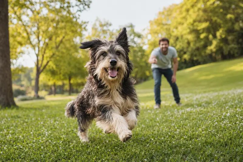 Ein fröhlicher Euskal Artzain Txakurra Hund rennt über eine grüne Wiese, während sein Besitzer mit ihm spielt und ein sonniger Tag die positive Stimmung unterstreicht.