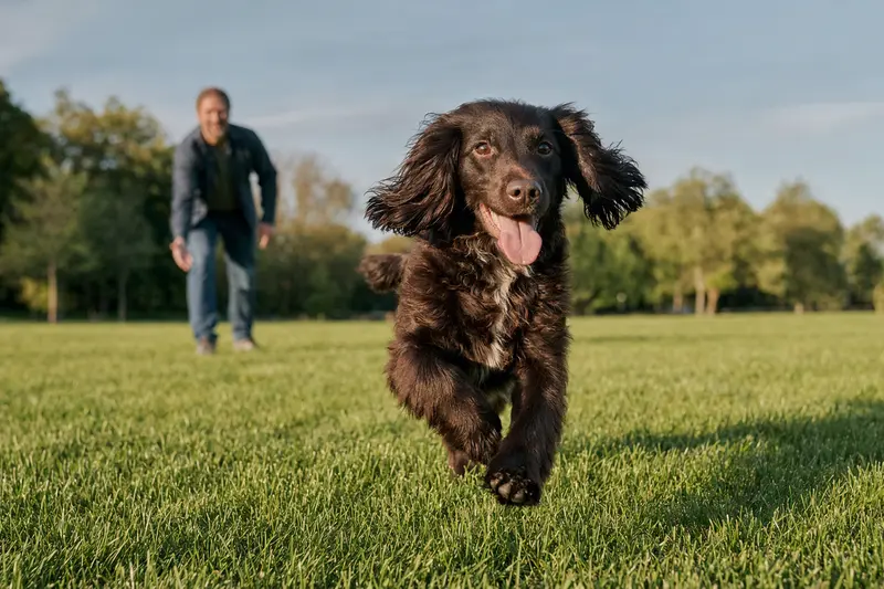 Ein glücklicher Field Spaniel Hund läuft über eine grüne Wiese, während sein Besitzer im Hintergrund mit ihm spielt.