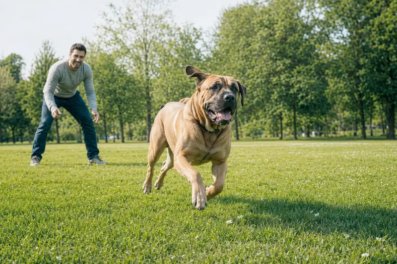 Ein fröhlicher Fila Brasileiro Hund läuft über eine grüne Wiese, während sein Besitzer im Hintergrund mit ihm spielt.