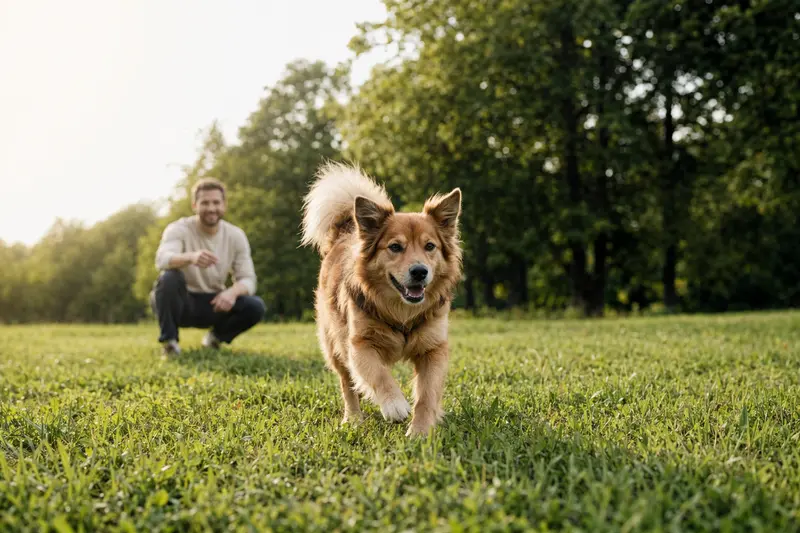 Ein fröhlicher Finnenspitz springt über eine grüne Wiese, während sein Besitzer ihn im Hintergrund spielt.