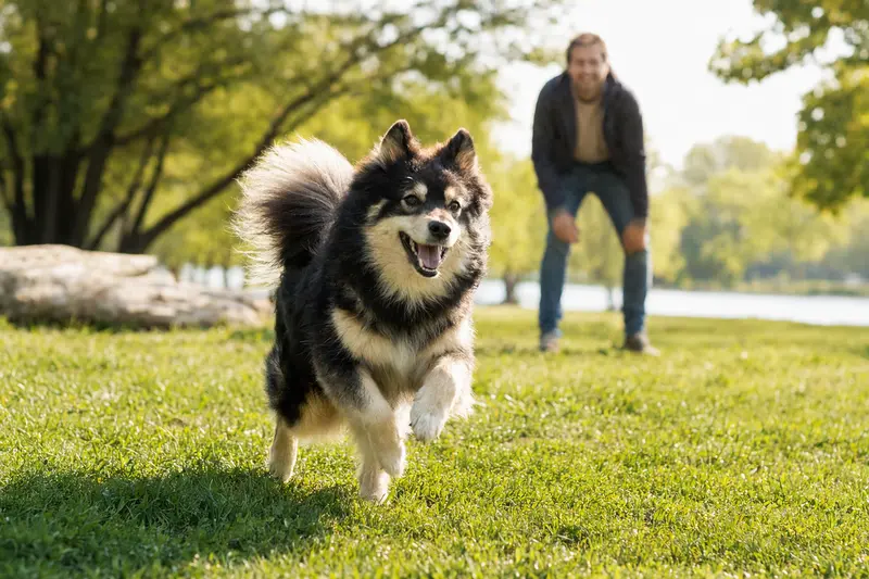 Ein fröhlicher Finnischer Lapphund läuft durch eine grüne Wiese, während sein Besitzer im Hintergrund mit ihm spielt.