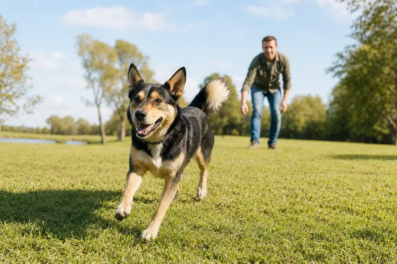 Ein Finnischer Laufhund läuft fröhlich über eine grüne Wiese im Park, während sein Besitzer im Hintergrund mit ihm spielt.