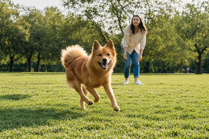 Ein vitaler Finnischer Spitz Hund läuft fröhlich über eine grüne Wiese, während sein Besitzer im Hintergrund spielt.