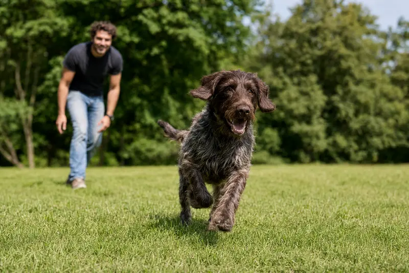 Ein flämischer Treibhund begleitet von seinem Besitzer beim fröhlichen Spiel auf einer grünen Wiese.