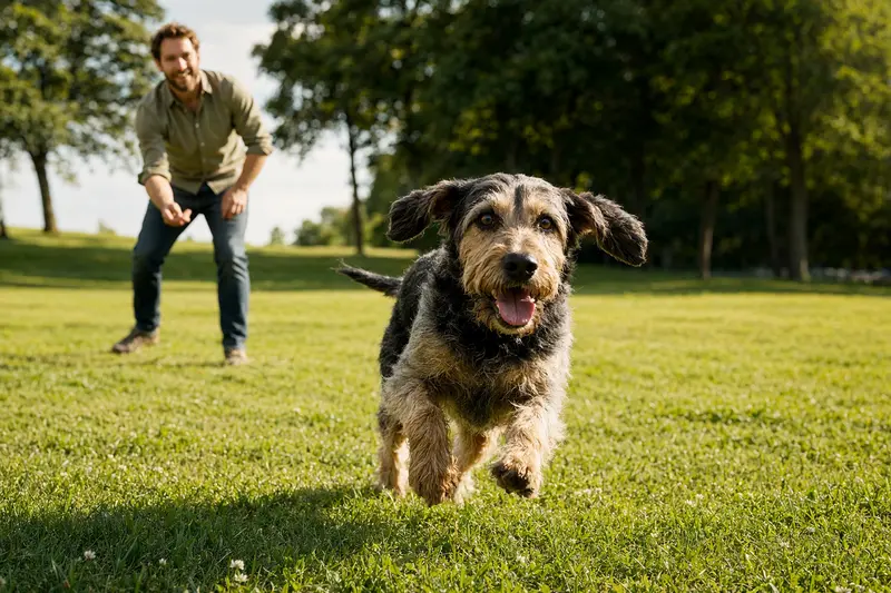 Ein fröhlicher Flandrischer Treibhund läuft über eine grüne Wiese, während sein Besitzer im Hintergrund mit ihm spielt.