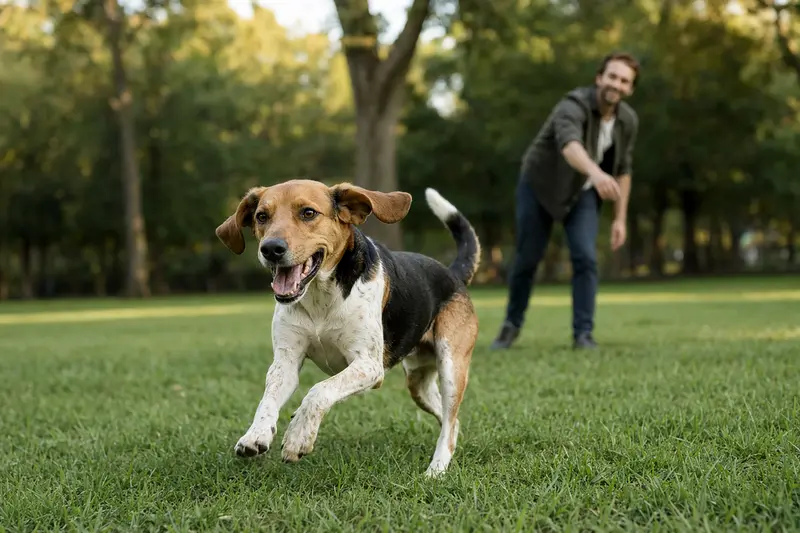 Ein fröhlicher Foxhound läuft über eine grüne Wiese, während sein Besitzer im Hintergrund spielt und die Sonne scheint.