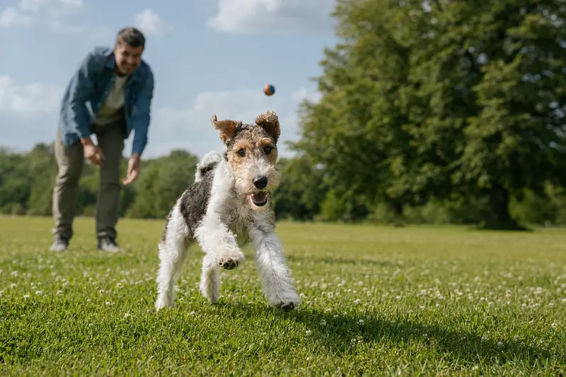 Ein vitaler Foxterrier (Drahthaar) läuft fröhlich über eine grüne Wiese im Park, während sein Besitzer im Hintergrund mit ihm spielt.