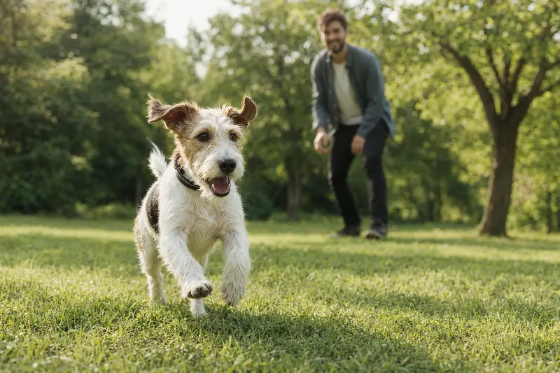 Ein gesunder Foxterrier, der fröhlich über eine grüne Wiese läuft, während sein Besitzer im Hintergrund mit ihm spielt.