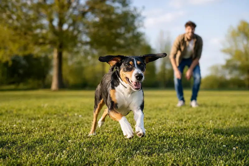 Ein fröhlicher Französischer Dreifarbiger Laufhund läuft über eine grüne Wiese, während sein Besitzer im Hintergrund spielt.