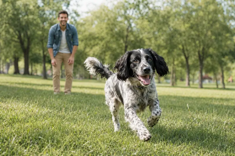 Ein glücklicher Französischer Spaniel Hund läuft mit seinem Besitzer über eine grüne Wiese im Park.