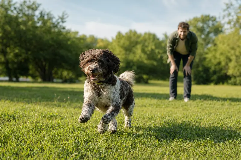 Ein lebensfroher Französischer Wasserhund spielt auf einer grünen Wiese mit seinem Besitzer im Hintergrund.