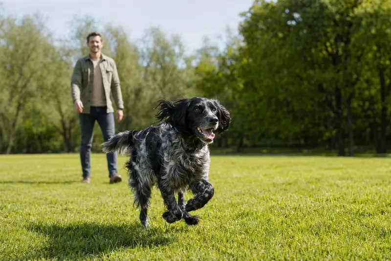Ein vitaler friesischer Vorstehhund läuft fröhlich über eine grüne Wiese im Park, während sein Besitzer mit ihm spielt.