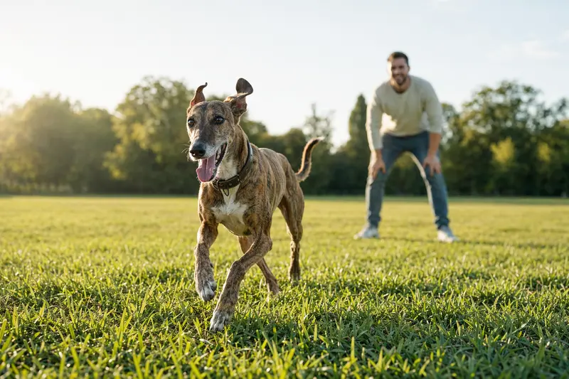 Ein vitaler Galgo Español läuft fröhlich über eine Wiese, während sein Besitzer im Hintergrund mit ihm spielt.
