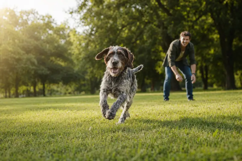 Ein vitaler Gammel Dansk Honsehund läuft fröhlich über eine grüne Wiese, während sein Besitzer im Hintergrund mit ihm spielt.