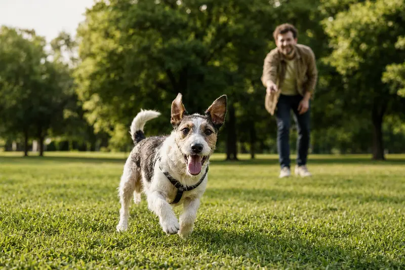 Ein Glatthaar-Foxterrier läuft freudig über eine grüne Wiese, während sein Besitzer im Hintergrund mit ihm spielt.