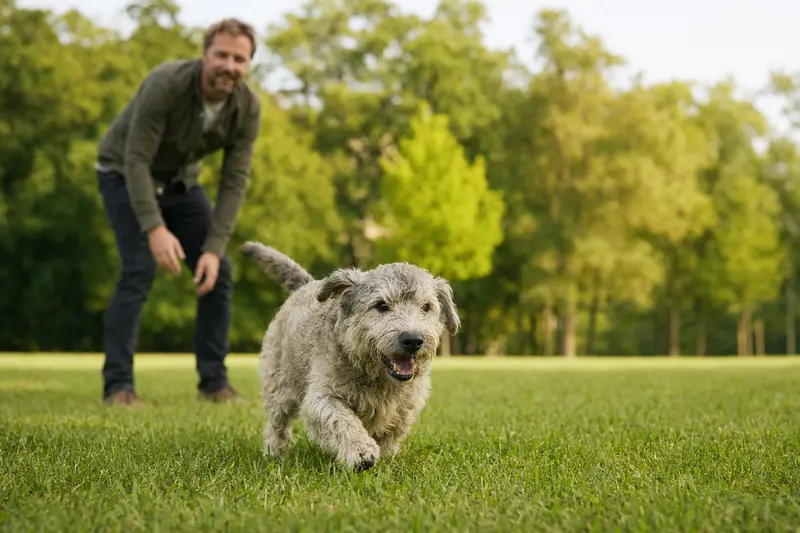 Ein fröhlicher Glen of Imaal Terrier läuft über eine grüne Wiese, während sein Besitzer mit ihm spielt, an einem sonnigen Tag.