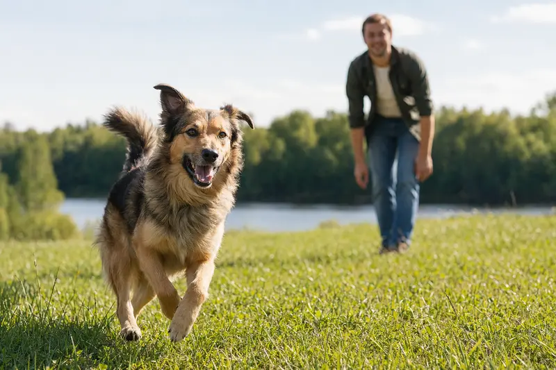 Ein gesunder Golden Retriever Hund läuft glücklich über eine grüne Wiese, während sein Besitzer im Hintergrund spielt.
