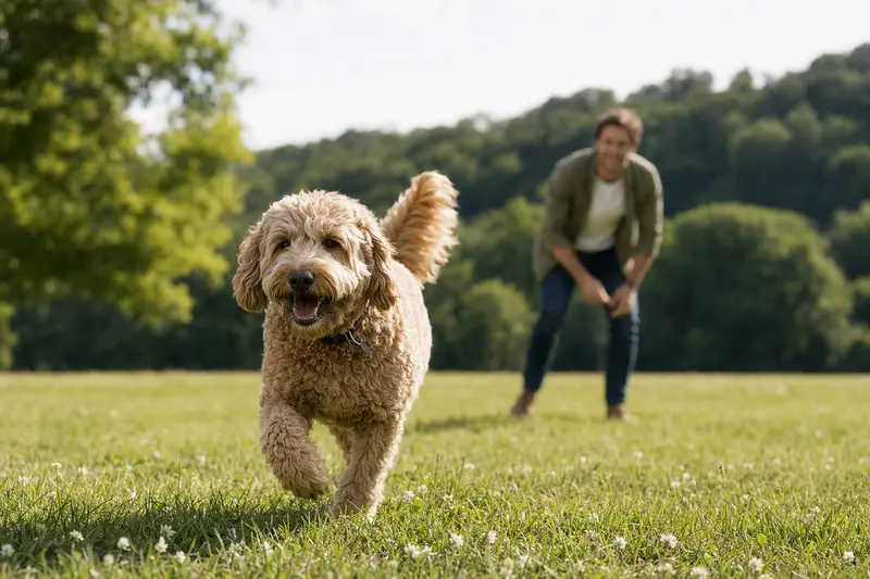 Ein lebhafter Goldendoodle Hund läuft glücklich über eine grüne Wiese, während sein Besitzer im Hintergrund spielt.
