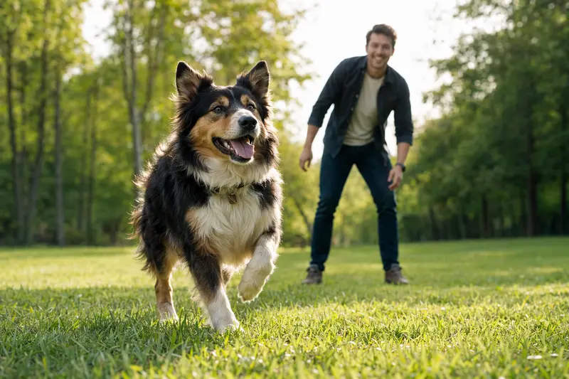 Ein fröhlicher Goralenhund läuft spielend über eine grüne Wiese, während sein Besitzer im Hintergrund mit ihm spielt, an einem sonnigen Tag.