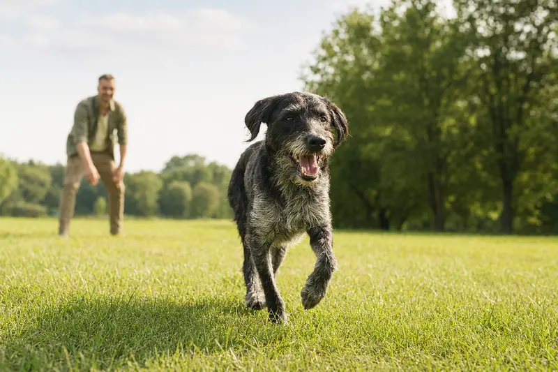 Ein fröhlicher Grand Anglo Francais Hund läuft über eine grüne Wiese, während sein Besitzer im Hintergrund spielt.
