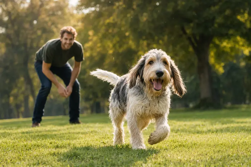 Ein fröhlicher Grand Basset Griffon Vendeen läuft über eine grüne Wiese, während sein Besitzer im Hintergrund spielt.