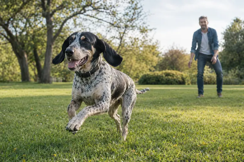 Ein fröhlicher Grand Bleu de Gascogne Hund läuft über eine grüne Wiese, während sein Besitzer im Hintergrund spielt.