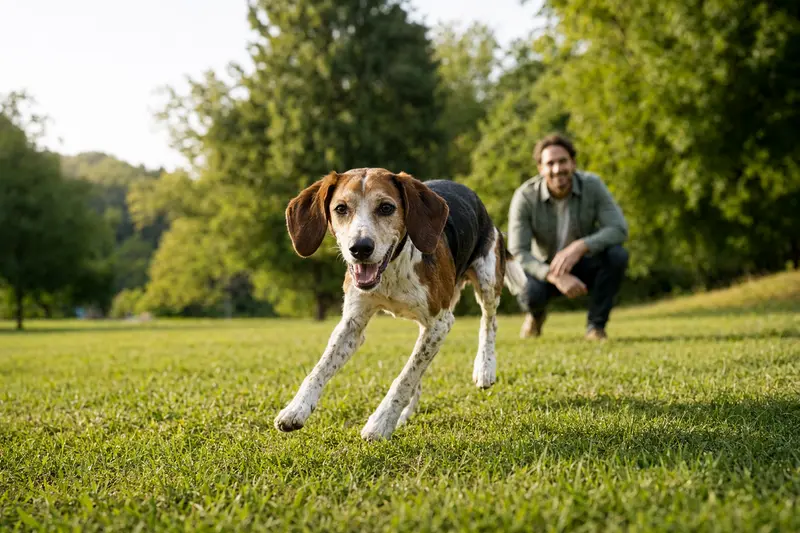 Ein lebhafter Griechische Bracke Hund läuft fröhlich über eine grüne Wiese, während sein Besitzer im Hintergrund mit ihm spielt.