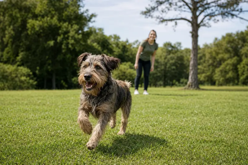Ein lebhafter Griffon a poil laineux Hund läuft freudig über eine grüne Wiese, während sein Besitzer im Hintergrund spielt.