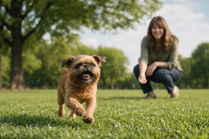 Ein vitaler Griffon Bruxellois Hund läuft fröhlich über eine grüne Wiese, während sein Besitzer im Hintergrund spielt.