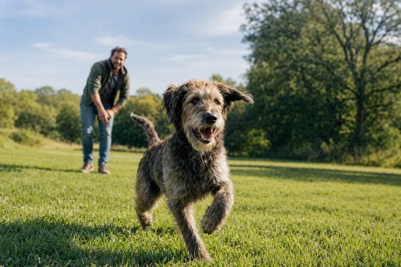 Ein vitaler Griffon Nivernais Hund läuft fröhlich über eine grüne Wiese, während sein Besitzer im Hintergrund mit ihm spielt.