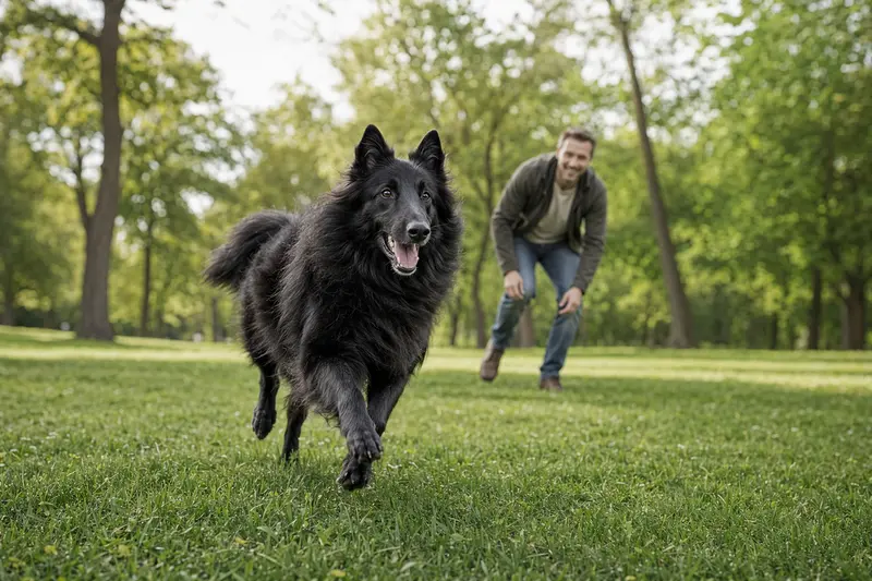 Ein vitaler Groenendael Hund, der glücklich über eine grüne Wiese läuft, während sein Besitzer im Hintergrund mit ihm spielt.