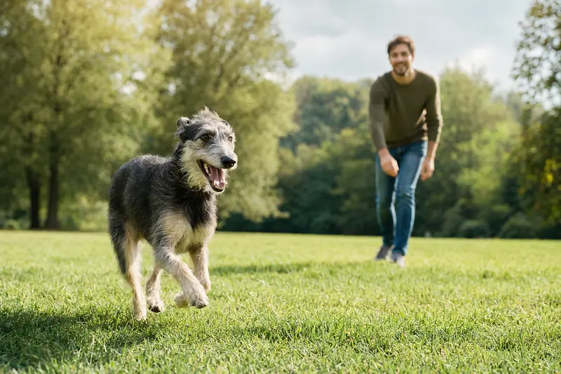Ein vitaler Großer Englischer Windhund läuft fröhlich über eine grüne Wiese, während sein Besitzer im Hintergrund spielt.