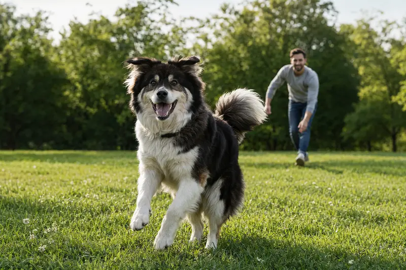 Ein vitaler Großer Japanischer Hund läuft fröhlich über eine grüne Wiese im Park.