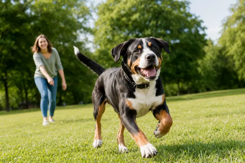 Ein Großer Schweizer Sennenhund läuft fröhlich über eine grüne Wiese, während sein Besitzer im Hintergrund spielt.