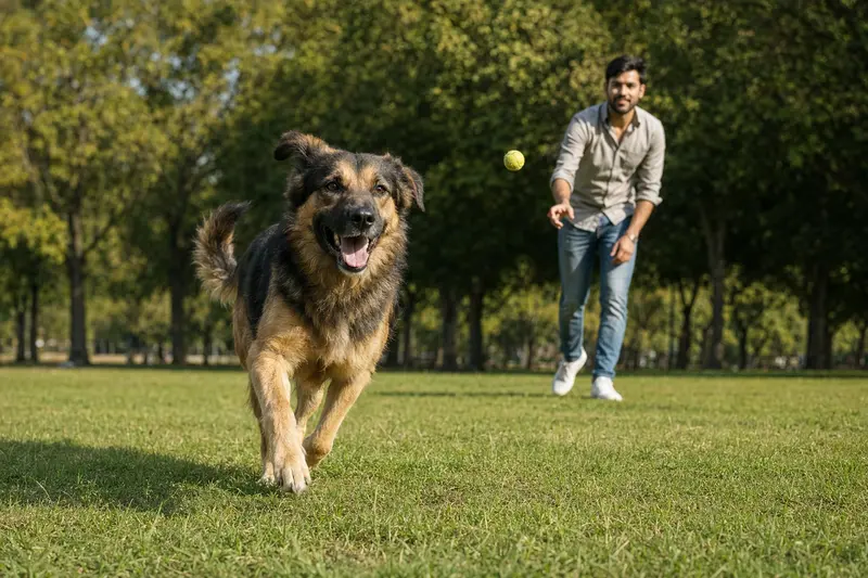 Ein fröhlicher Gujjar Watchdog Hund läuft über eine grüne Wiese, während sein Besitzer im Hintergrund mit ihm spielt.