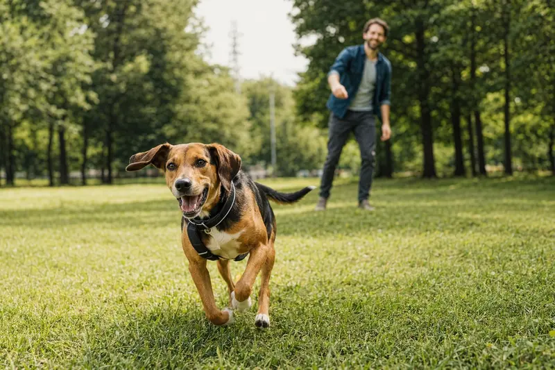 Ein fröhlicher Haldenbracke Hund läuft über eine grüne Wiese während sein Besitzer im Hintergrund mit ihm spielt.