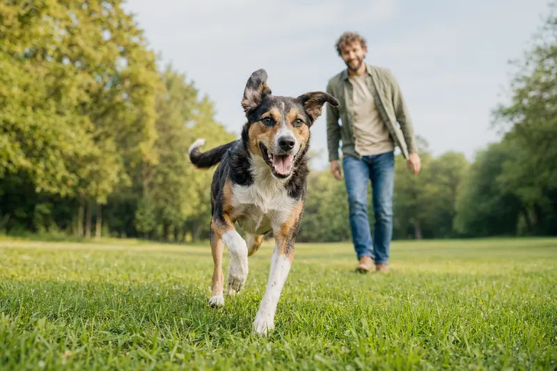 Ein lebensfroher Haldenlaufhund springt über eine grüne Wiese, während sein Besitzer im Hintergrund mit ihm spielt.