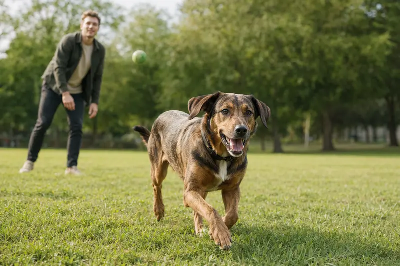 Ein fröhlicher Haldenstöver Hund läuft über eine grüne Wiese, während sein Besitzer im Hintergrund mit ihm spielt.
