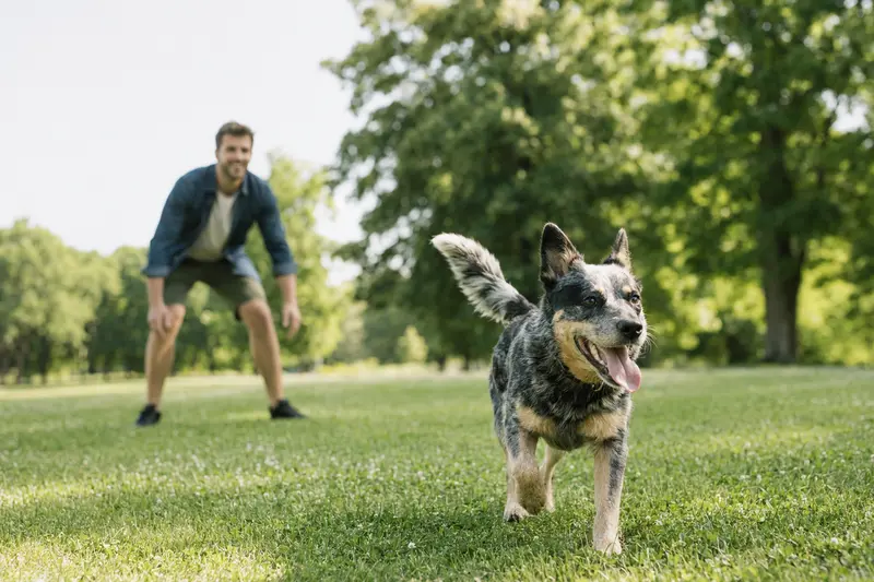 Ein vitaler Halls Heeler läuft fröhlich über eine grüne Wiese im Park, während sein Besitzer im Hintergrund mit ihm spielt.