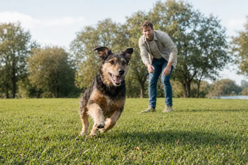 Ein vitaler Hallstrom-Hund läuft fröhlich über die grüne Wiese im Park, während sein Besitzer im Hintergrund mit ihm spielt.